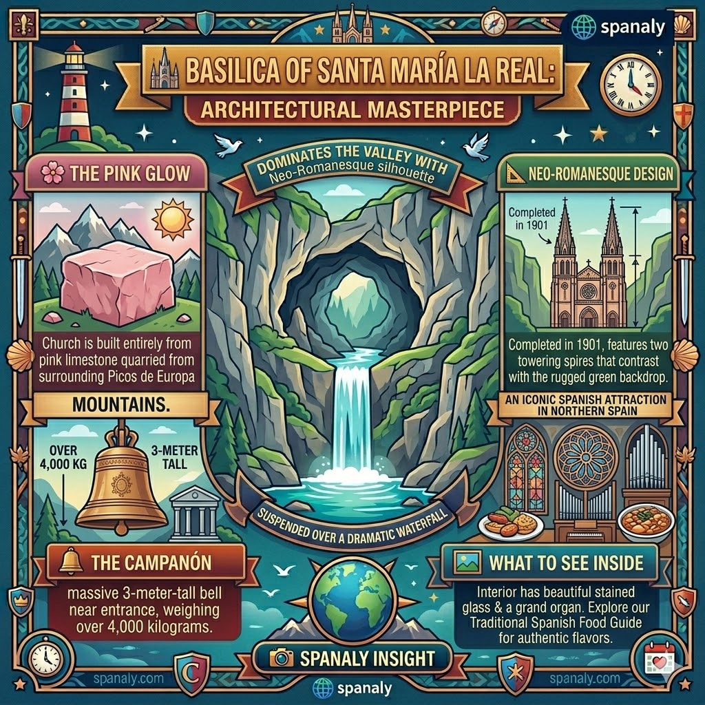 Infographic of the Basilica of Santa Maria la Real in Covadonga Asturias featuring pink limestone architecture, the Campanón bell, and neo-romanesque design.