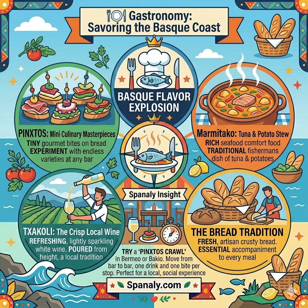 A colorful infographic illustrating Basque Coast gastronomy, featuring panels for Pinxtos (mini masterpieces), Txakoli (crisp local wine), Marmitako (tuna and potato stew), and The Bread Tradition.