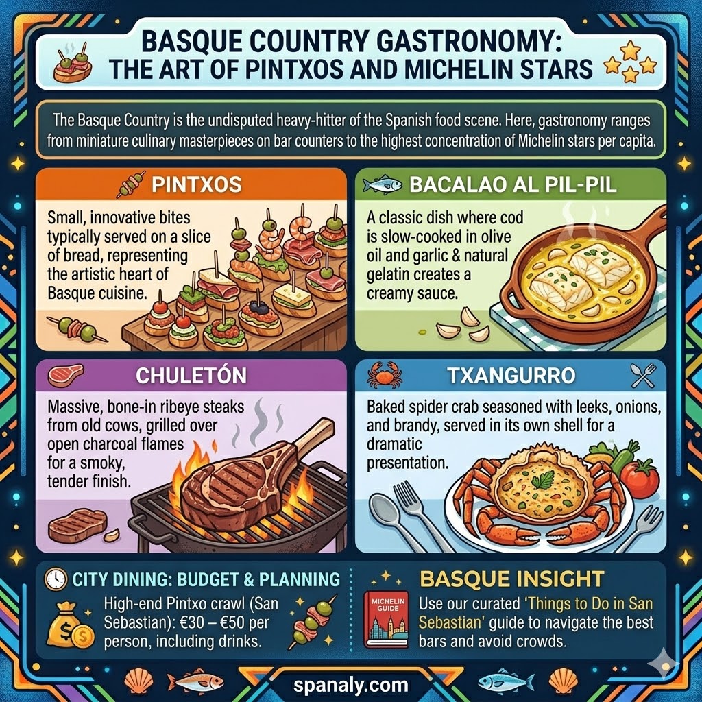 Detailed infographic of Basque Country gastronomy featuring Pintxos, Bacalao al Pil-Pil, Chuletón, and Txangurro with Michelin star dining and budget tips.