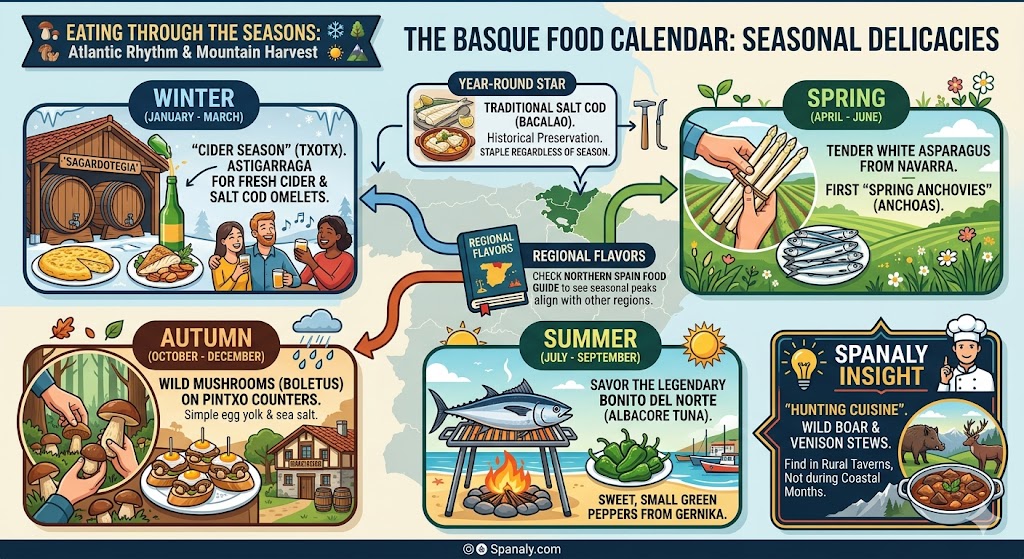 Infographic showing the Basque food calendar by season, including Winter cider season, Spring anchovies, Summer tuna, and Autumn wild mushrooms in Spain.