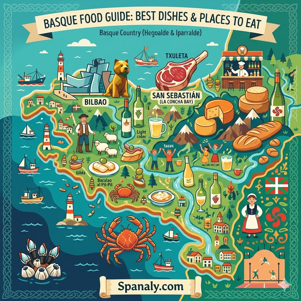 An epic infographic map of the Basque Country featuring vibrant illustrations of Pintxos, Txakoli wine, and Idiazabal cheese with the title 'Basque Food Guide: Best Dishes & Places to Eat'.