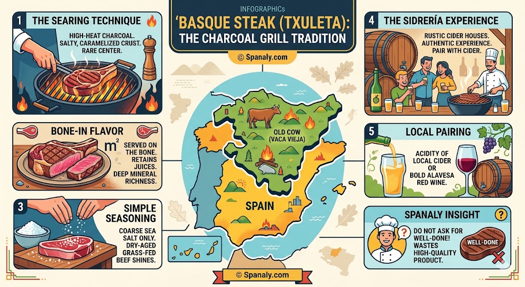 Infographic about Basque Txuleta steak culture featuring charcoal grilling techniques, Vaca Vieja aging, and the authentic Sidrería dining experience.