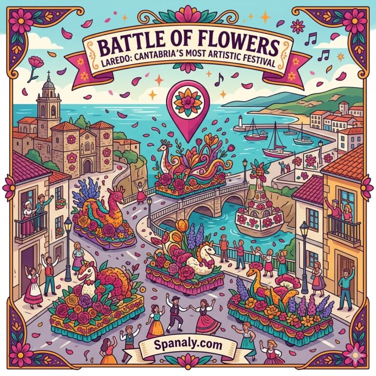 An epic artistic map illustration of the Battle of Flowers in Laredo, Cantabria, featuring vibrant floral floats, historic coastal landmarks, and festive crowds in a colorful vector style.