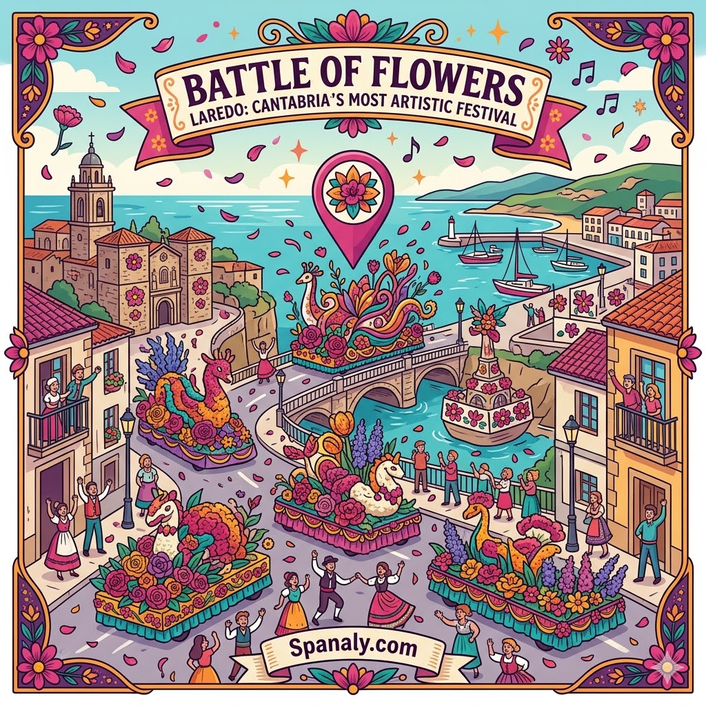 An epic artistic map illustration of the Battle of Flowers in Laredo, Cantabria, featuring vibrant floral floats, historic coastal landmarks, and festive crowds in a colorful vector style.