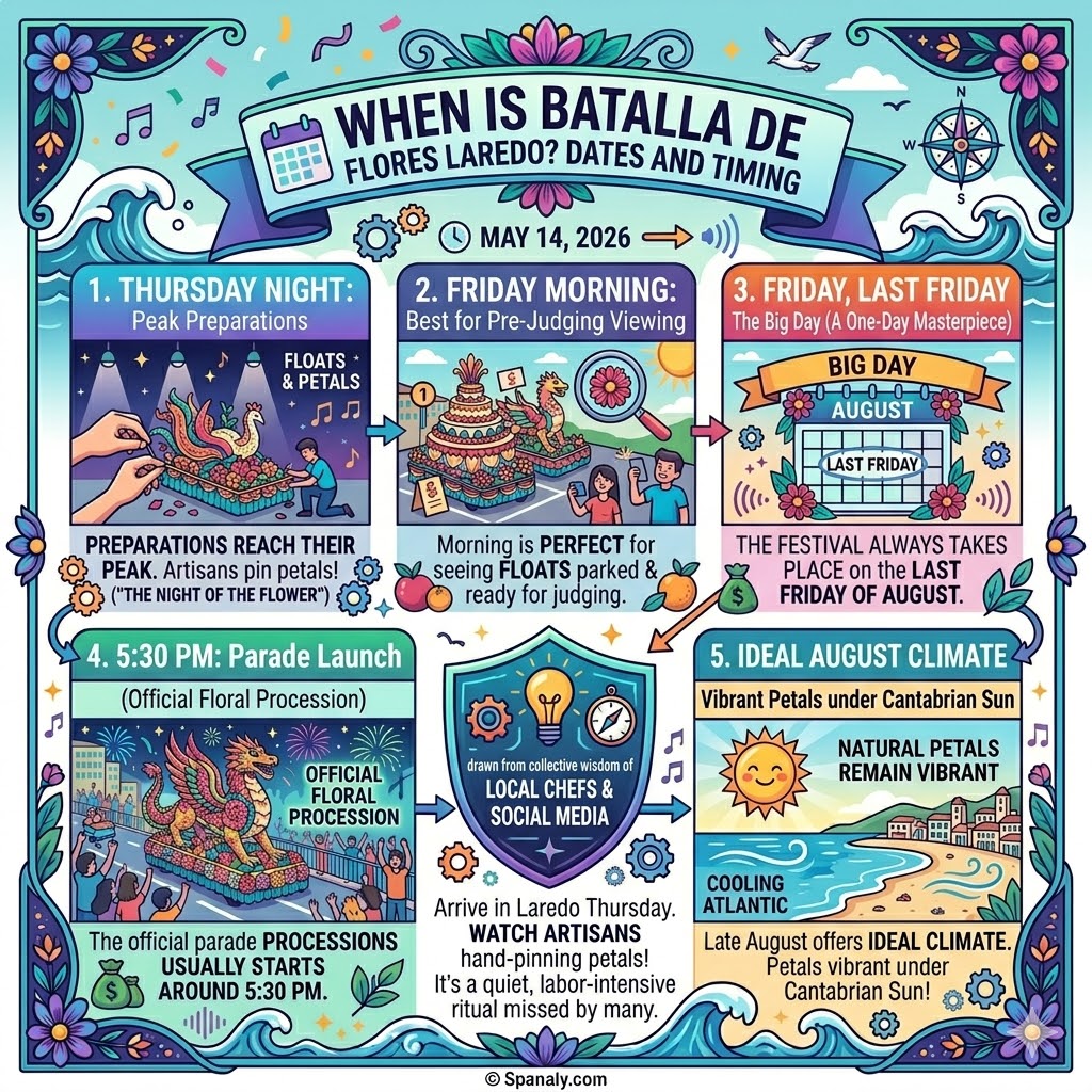 A modern minimalist infographic showing the schedule for Batalla de Flores in Laredo, featuring the last Friday of August, Night of the Flower, and parade start times.
