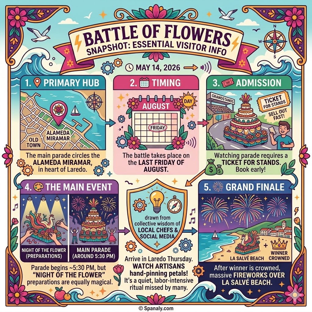 A colorful visitor information infographic for the Battle of Flowers in Laredo, Cantabria, detailing timing, location at Alameda Miramar, admission tips, and the grand finale fireworks.