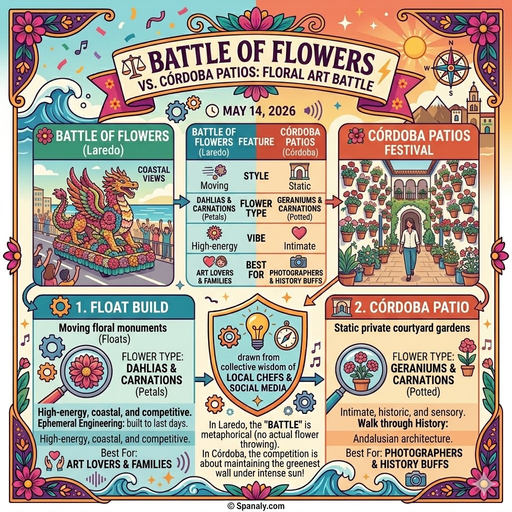 A comparative floral art infographic between Battle of Flowers in Laredo and Córdoba Patios Festival, highlighting differences in flower types, artistic styles, and visitor vibes.