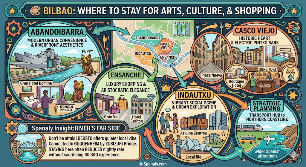 Vibrant infographic of Bilbao's best neighborhoods featuring Abandoibarra for the Guggenheim, Casco Viejo for historic pintxo bars, and Ensanche for luxury shopping.