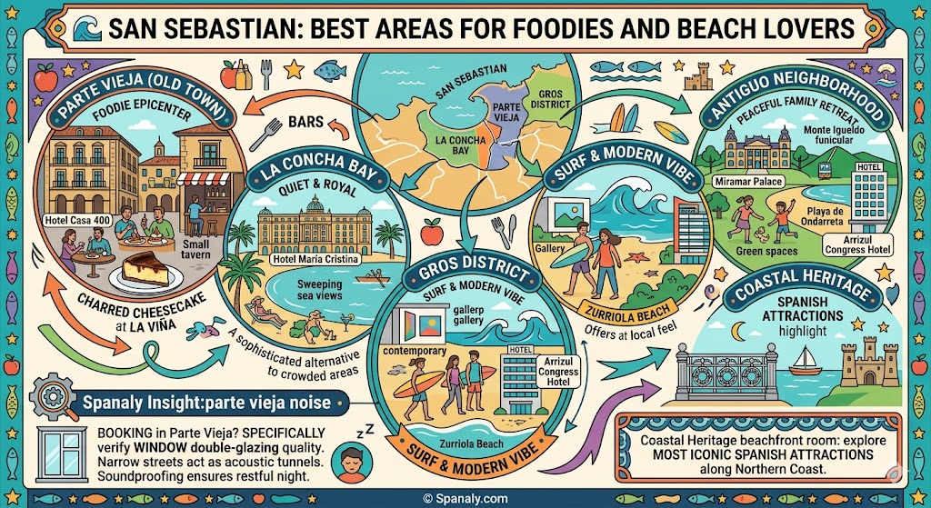 Vibrant infographic of San Sebastian's best neighborhoods featuring Parte Vieja for foodies, La Concha Bay for luxury, Gros for surfing, and Antiguo for families.