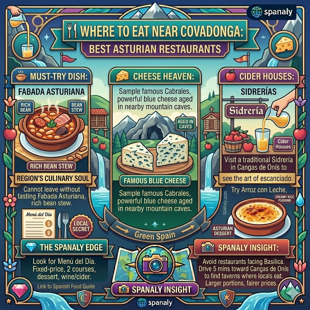 Infographic of best Asturian food near Covadonga featuring Fabada Asturiana, Cabrales cheese, cider houses, and local dining tips.