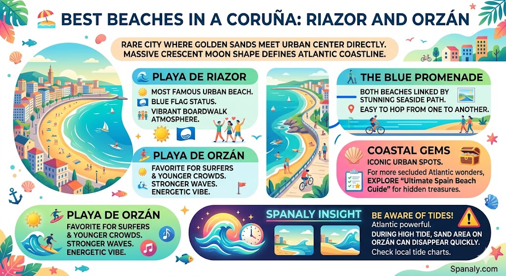 Infographic of A Coruña's best beaches featuring Playa de Riazor and Playa de Orzán, showing the blue promenade, surfing spots, and Atlantic tide warnings.