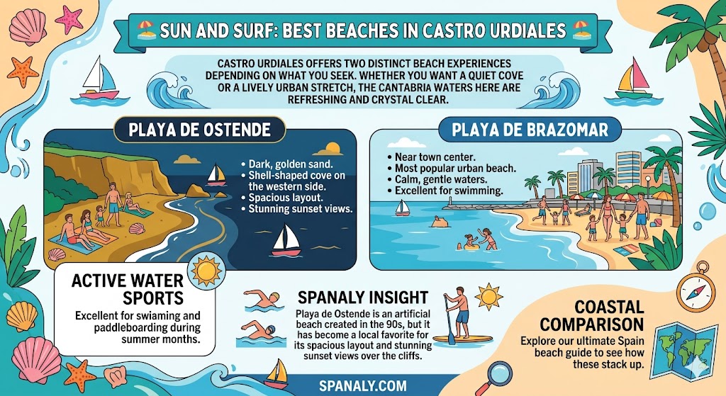 Infographic showing Playa de Ostende and Playa de Brazomar in Castro Urdiales with travel tips.