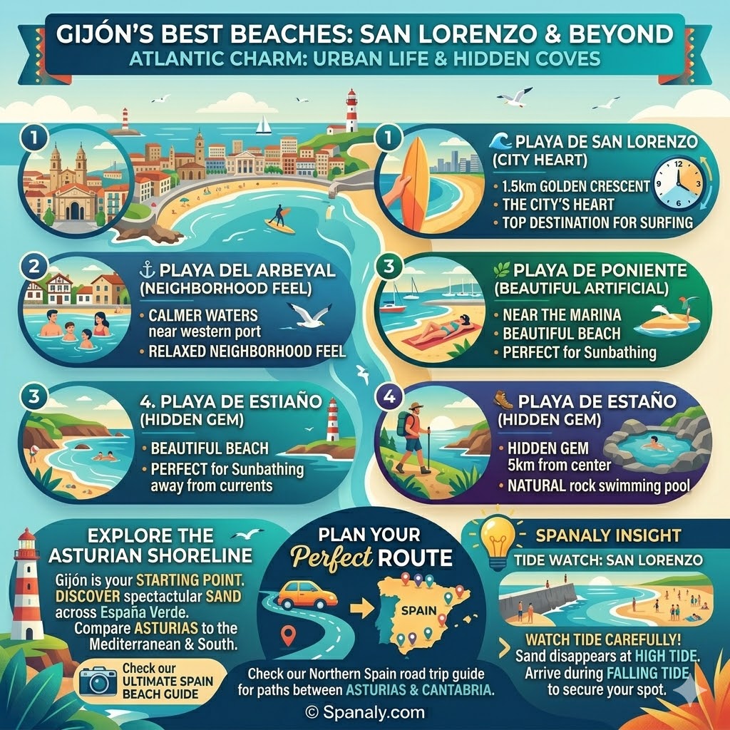 Infographic of the best beaches in Gijon featuring San Lorenzo golden crescent, Playa del Arbeyal, Poniente marina beach, and Estaño hidden cove in Asturias.