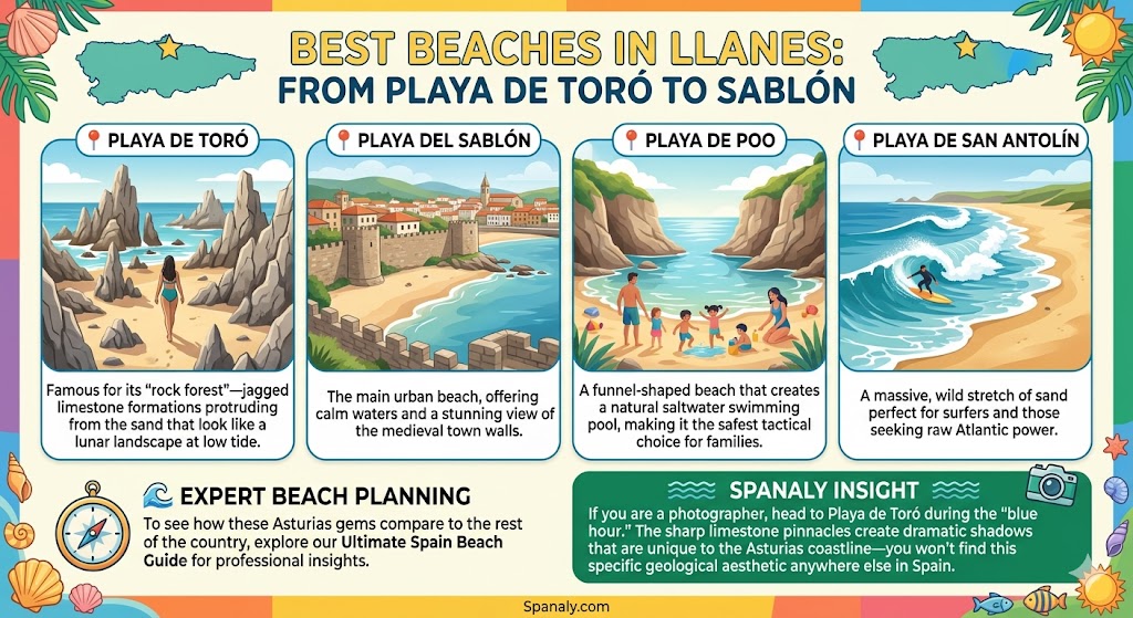 Infographic guide to best beaches in Llanes Asturias including Playa de Toro rock formations, Playa del Sablon, Playa de Poo, and San Antolin surfing beach.