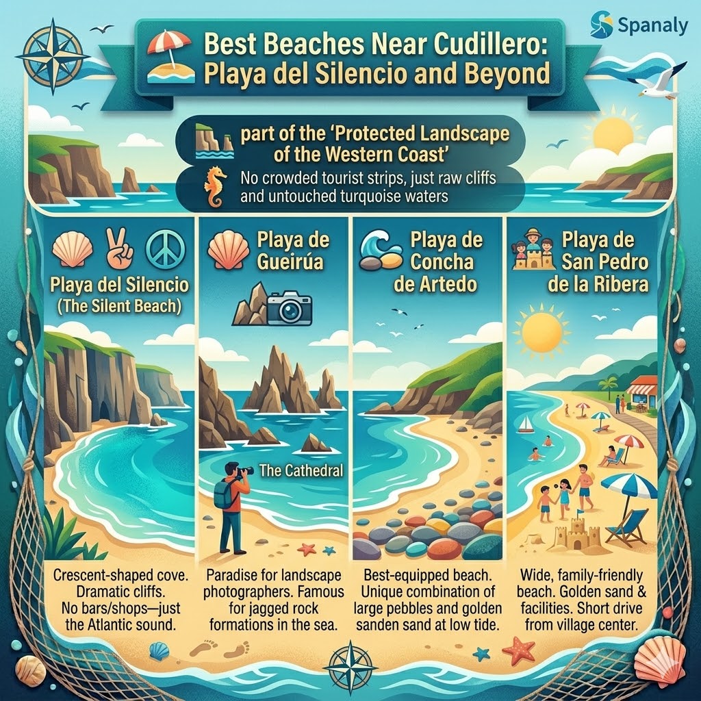 Infographic of best beaches near Cudillero Asturias featuring Playa del Silencio, Playa de Gueirúa, Concha de Artedo, and San Pedro de la Ribera.