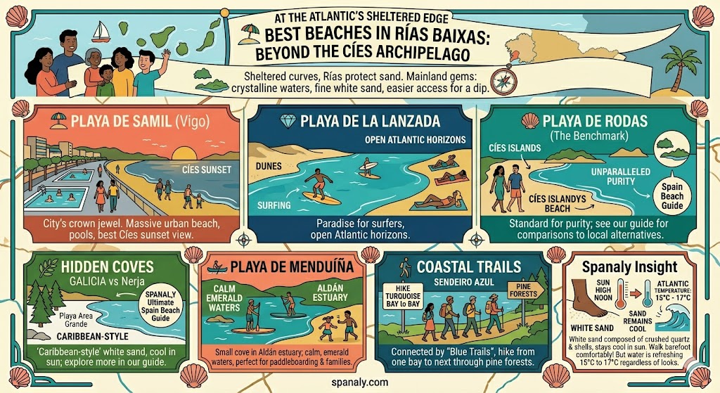 Infographic showing the best beaches in Rías Baixas including Playa de Samil, La Lanzada, and Menduíña with travel tips.
