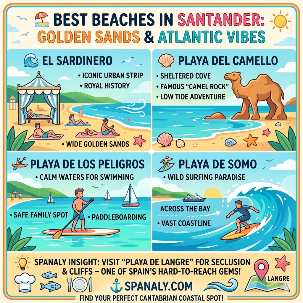A colorful infographic titled 'BEST BEACHES IN SANTANDER', featuring El Sardinero, Playa del Camello, Playa de los Peligros, and Playa de Somo with local travel tips.
