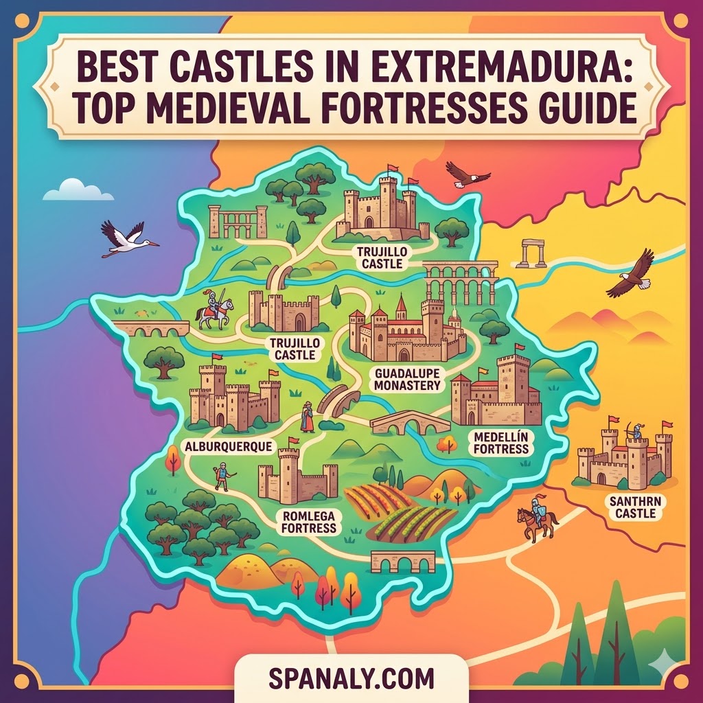 An epic infographic map featuring the best medieval castles and fortresses in Extremadura, Spain, designed for travelers seeking historical landmarks.