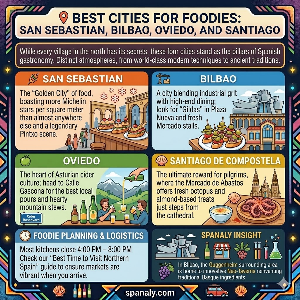 Infographic of best foodie cities in Northern Spain featuring San Sebastian pintxos, Bilbao Guggenheim dining, Oviedo cider culture, and Santiago de Compostela seafood.