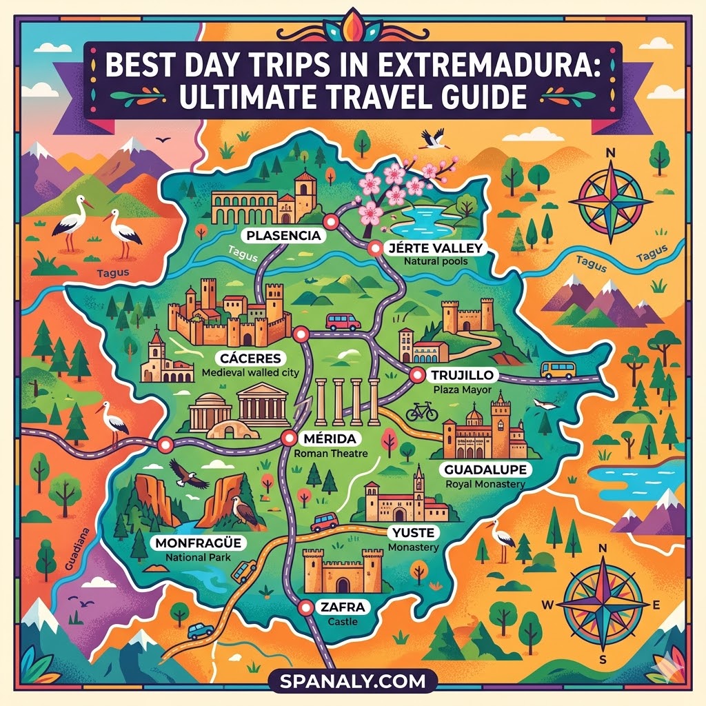 A colorful infographic map highlighting the top day trips and attractions in Extremadura, Spain, including Mérida, Cáceres, and Guadalupe, perfect for planning your ultimate travel adventure.