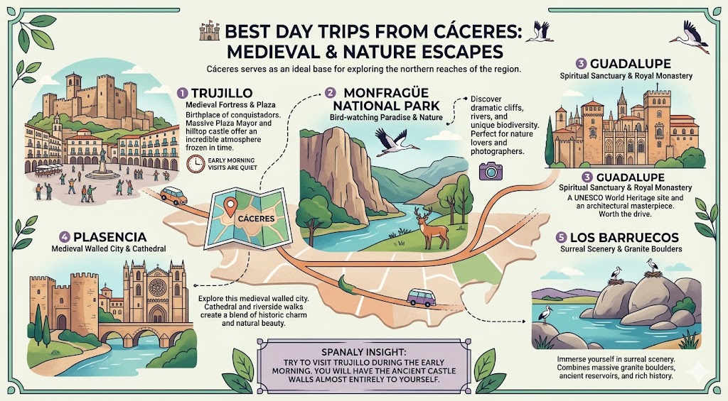 An infographic map highlighting the best day trips from Cáceres, including Trujillo, Monfragüe National Park, Guadalupe, Plasencia, and Los Barruecos for an ultimate Spanish travel guide.