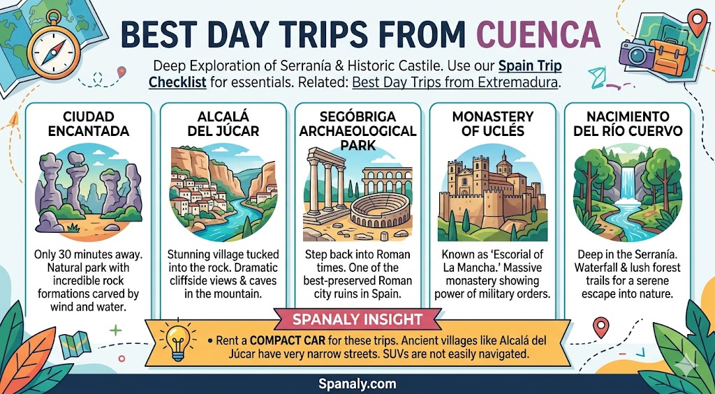 Infographic guide showing the best day trips from Cuenca, Spain, including Ciudad Encantada, Alcalá del Júcar, Segóbriga Archaeological Park, Monastery of Uclés, and Nacimiento del Río Cuervo.