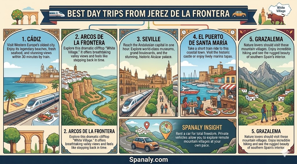 An infographic illustrating the best day trips from Jerez de la Frontera, featuring destinations like Cádiz, Arcos de la Frontera, Seville, El Puerto de Santa María, and Grazalema.