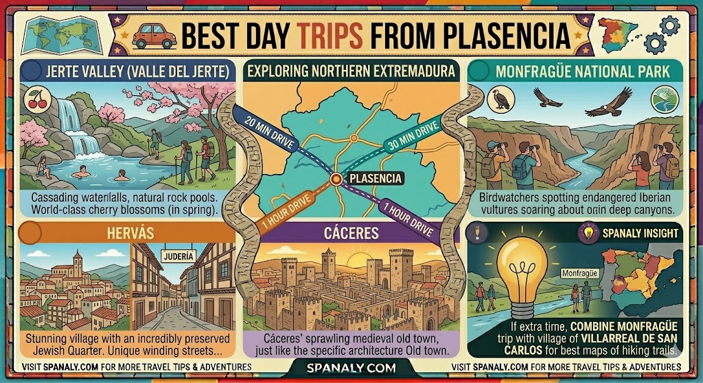 Colorful travel infographic showing best day trips from Plasencia, Spain, including Jerte Valley, Monfragüe National Park, Hervás, and Cáceres by Spanaly.com.