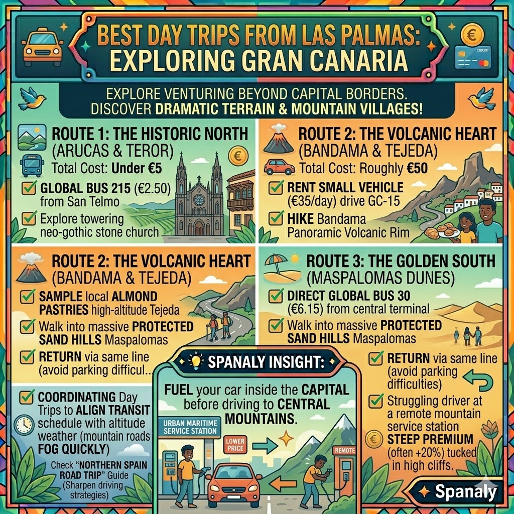 Infographic guide for day trips from Las Palmas featuring travel routes to Arucas, Teror, Bandama Crater, Tejeda, and Maspalomas Dunes.