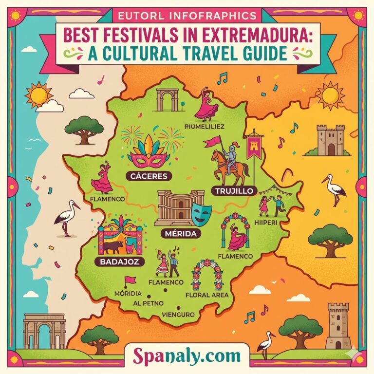 An Epic Infographic Map highlighting the best cultural festivals in Extremadura, showcasing major event locations across the region for an immersive cultural travel experience.