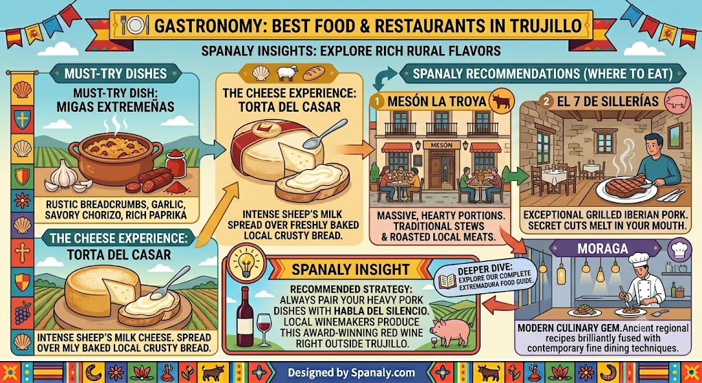 An infographic guide to the best food and restaurants in Trujillo, Spain, featuring traditional dishes like Migas Extremeñas and top local dining spots.
