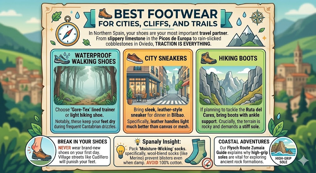 Infographic showing best footwear for Northern Spain including waterproof walking shoes, city sneakers, and hiking boots for trails.
