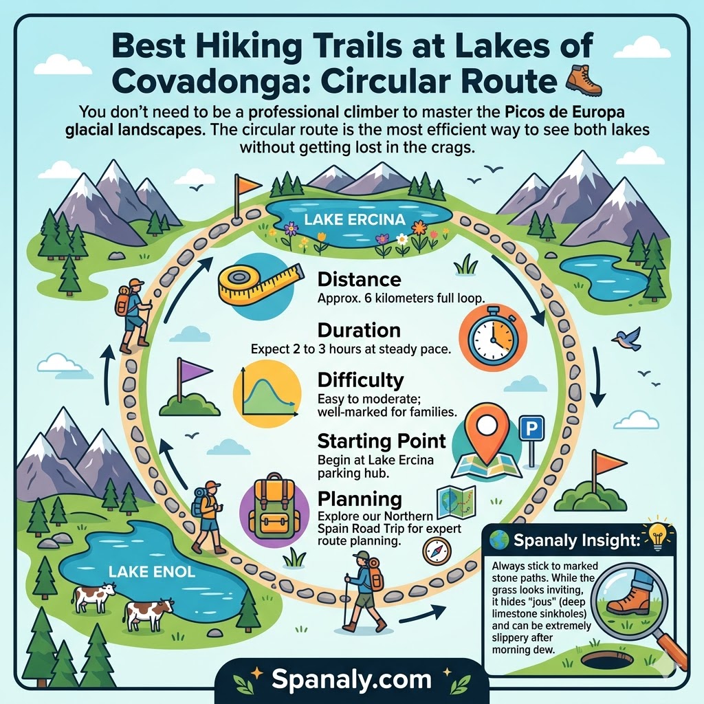 Infographic of the Lakes of Covadonga circular hiking trail showing distance, duration, and safety tips.