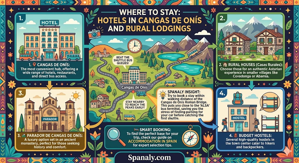 Infographic of the best places to stay in Cangas de Onis including hotels, rural houses, and the Parador monastery.