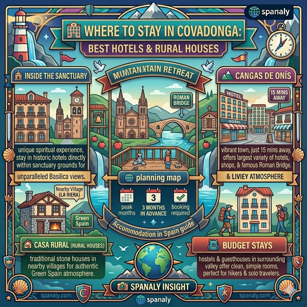 Infographic of where to stay in Covadonga featuring sanctuary hotels, Cangas de Onis accommodation, and rural houses in Asturias.