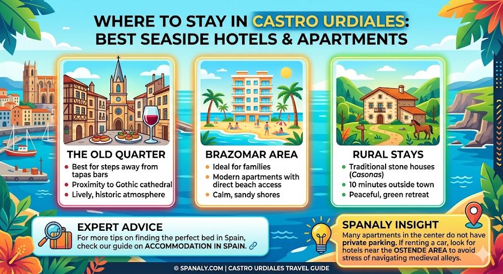 Infographic guide to staying in Castro Urdiales featuring the Old Quarter, Brazomar beach area, and rural Casonas.