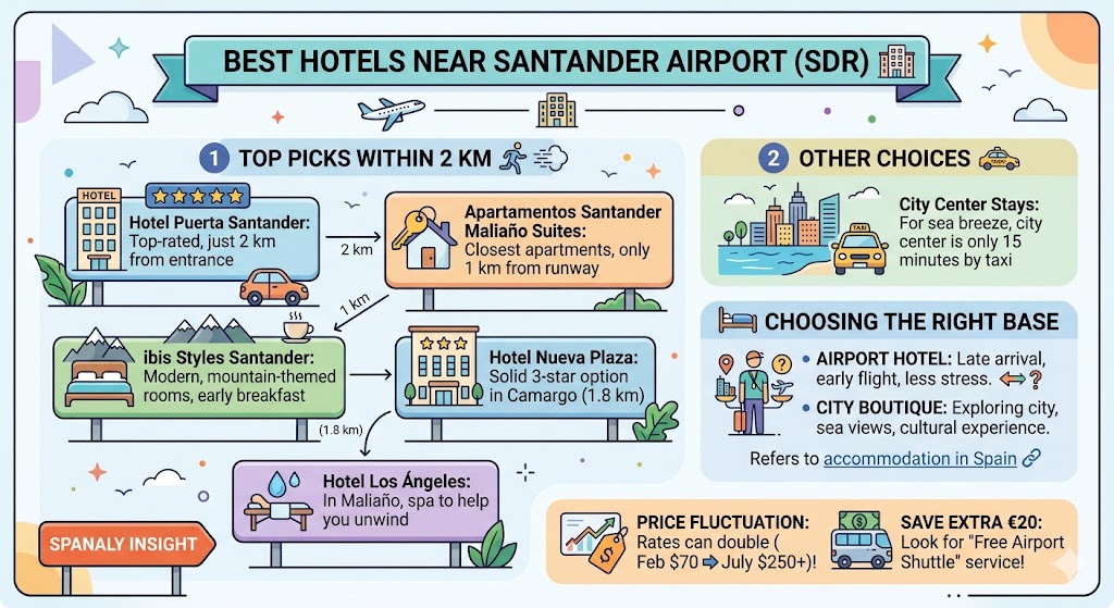 Infographic of the best hotels near Santander Airport SDR including Hotel Puerta Santander, ibis Styles, and Maliaño Suites in Spain.