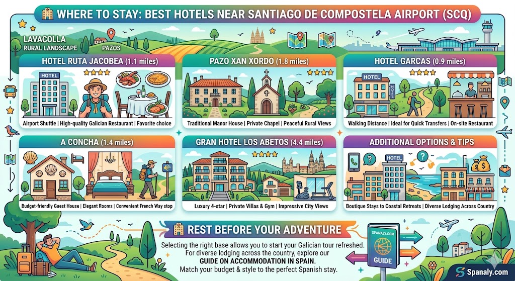 Infographic showing the best hotels near Santiago de Compostela Airport (SCQ), including Hotel Ruta Jacobea, Pazo Xan Xordo, Hotel Garcas, A Concha, and Gran Hotel Los Abetos with distances and key features by Spanaly.com