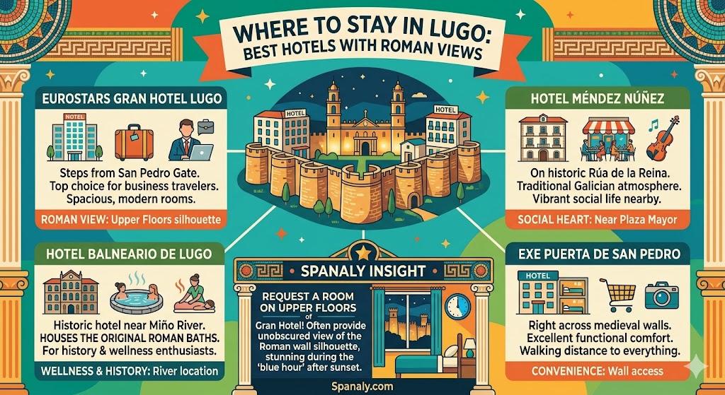 A comprehensive hotel guide infographic for Lugo, Spain, featuring Eurostars Gran Hotel, Hotel Méndez Núñez, Hotel Balneario, and Exe Puerta de San Pedro with views of the Roman walls.