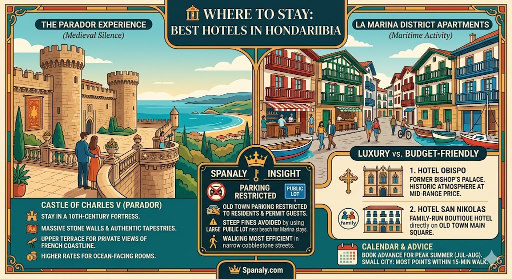 A comprehensive infographic on where to stay in Hondarribia, featuring the Castle of Charles V Parador for medieval luxury and La Marina district apartments for maritime activity. It highlights Hotel Obispo and Hotel San Nikolas with a Spanaly Insight on parking restrictions and public lots.