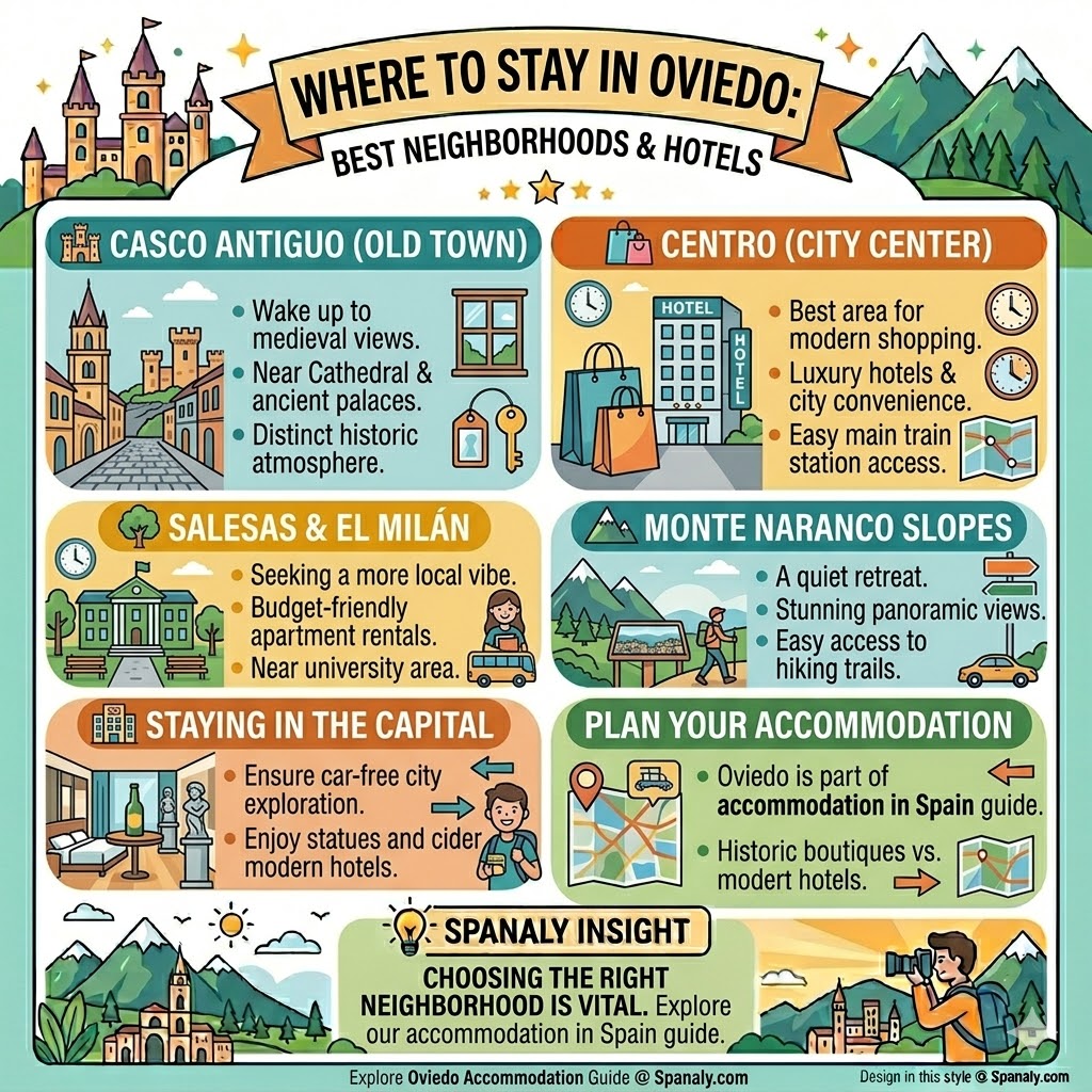 Infographic of best neighborhoods to stay in Oviedo Asturias including Casco Antiguo, Centro, Salesas, and Monte Naranco for travelers.