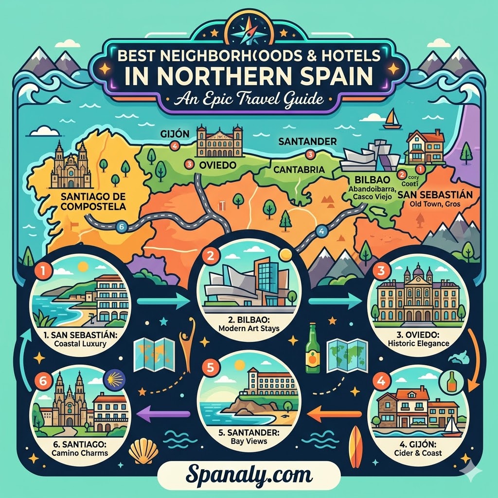 An epic infographic map of Northern Spain highlighting the best neighborhoods and hotels in San Sebastián, Bilbao, Oviedo, Santander, Gijón, and Santiago de Compostela.