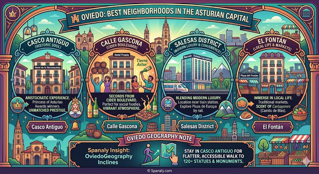 Vibrant infographic of Oviedo's best neighborhoods featuring Casco Antiguo for prestige, Calle Gascona for cider lovers, Salesas for modern luxury, and El Fontán for local markets.