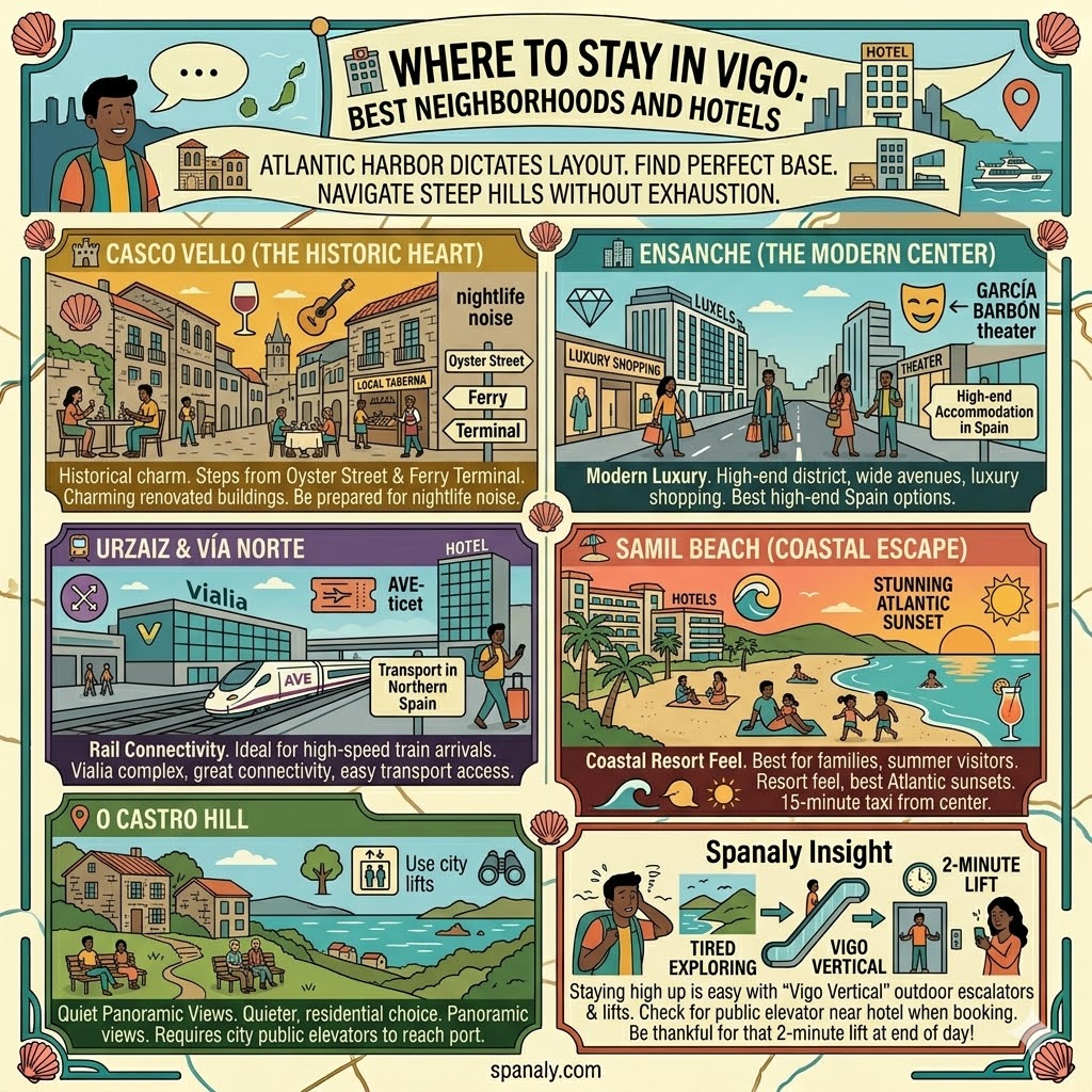 Infographic of Vigo's best neighborhoods to stay, featuring Casco Vello, Ensanche luxury hotels, Samil Beach resorts, and Vigo Vertical transport tips.
