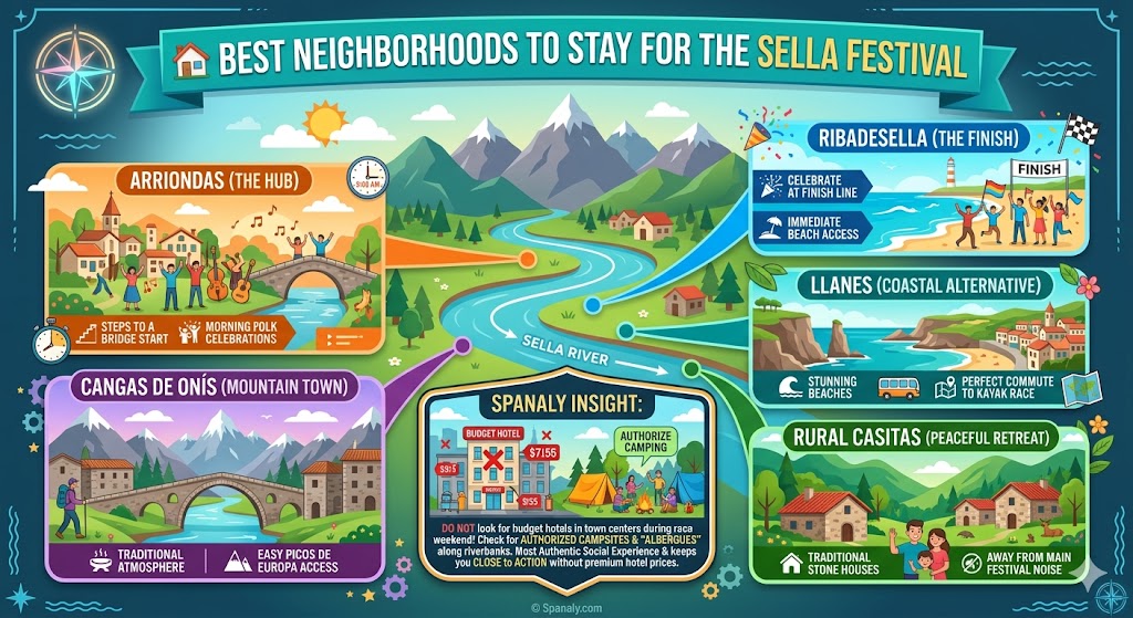 An accommodation guide infographic for the Sella Descent in Asturias featuring Arriondas, Ribadesella, Cangas de Onís, and Llanes with expert tips on rural houses and camping.
