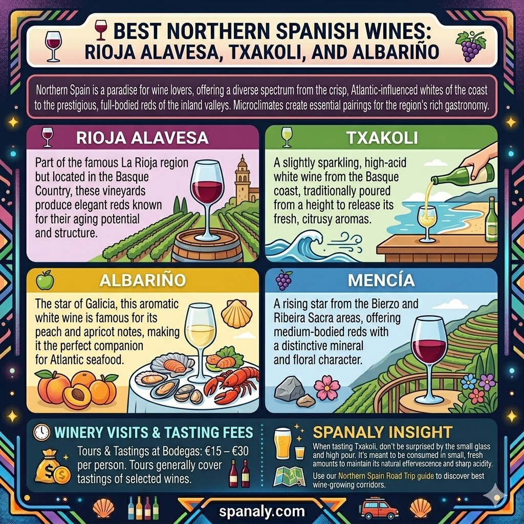 Infographic of Northern Spanish wines featuring Rioja Alavesa reds, Txakoli white wine pouring, Galician Albariño with seafood, and Mencía vineyards.