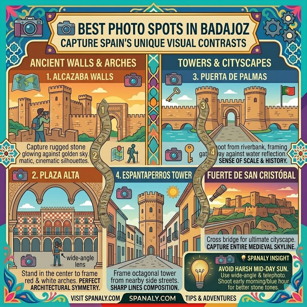 Colorful travel infographic showcasing the best photo spots in Badajoz, Spain, including the Alcazaba, Plaza Alta, and Puerta de Palmas for photographers by Spanaly.com.