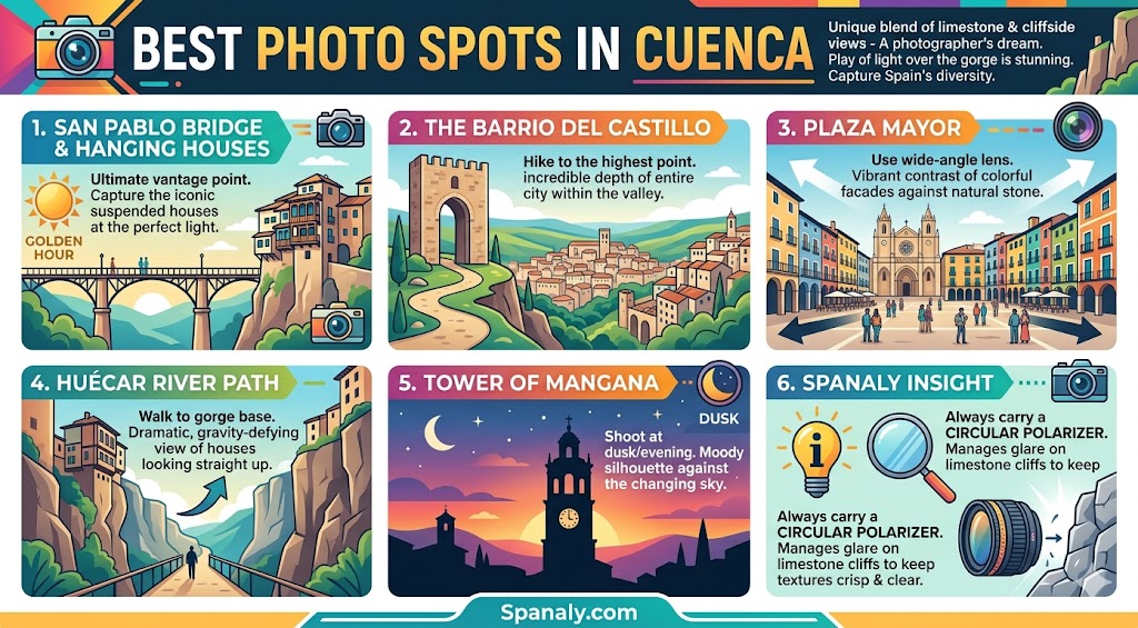Infographic guide featuring the best photo spots in Cuenca, Spain, including San Pablo Bridge and the Hanging Houses, perfect for travel photographers