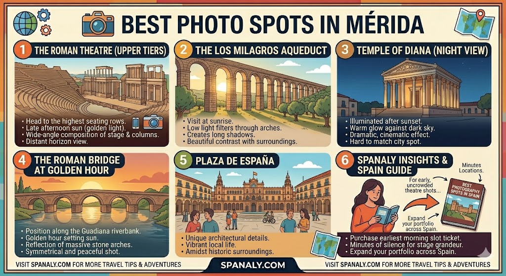 Colorful photography guide infographic showing the best photo spots in Mérida, Spain, including the Roman Theatre, Los Milagros Aqueduct, and Temple of Diana by Spanaly.com.