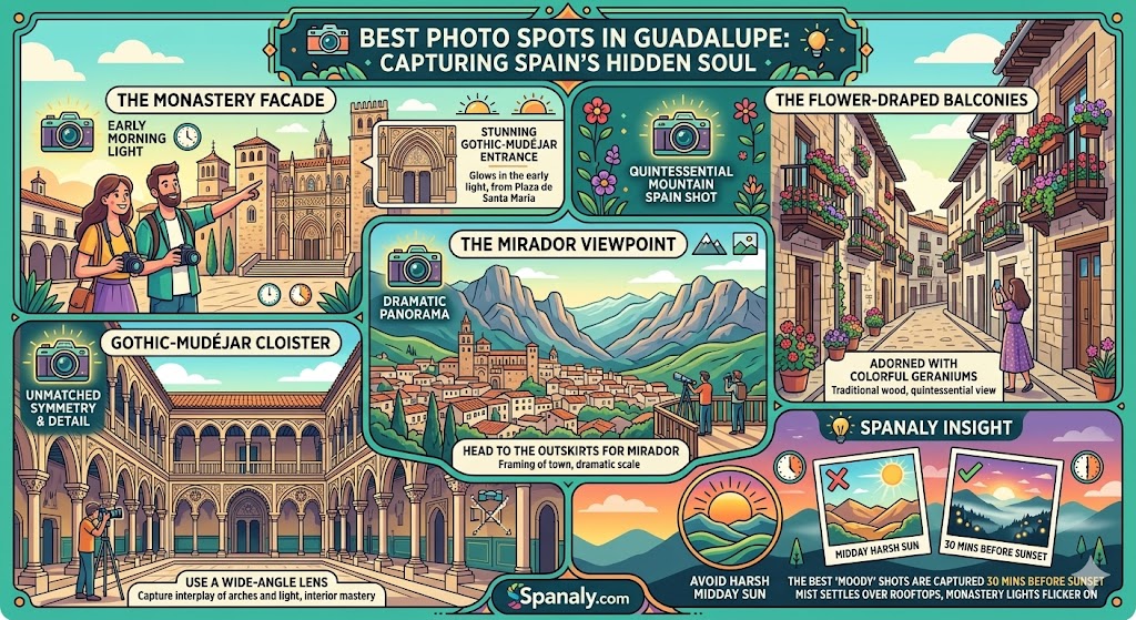 Infographic guide to the best photo spots in Guadalupe, Spain, featuring the Royal Monastery facade, flower-draped balconies, Mirador viewpoint, and photography tips for the best lighting.